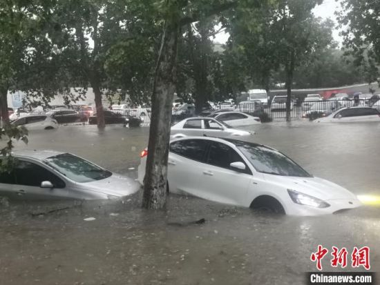 图为郑州市一积水处车辆被淹。　刘鹏 摄