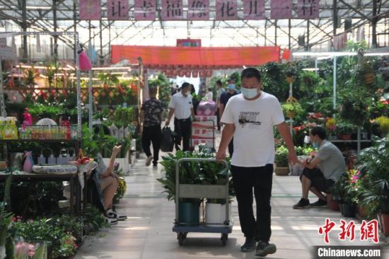 　图为郑州陈砦花卉市场内的过道里人来人往。　李明明 摄