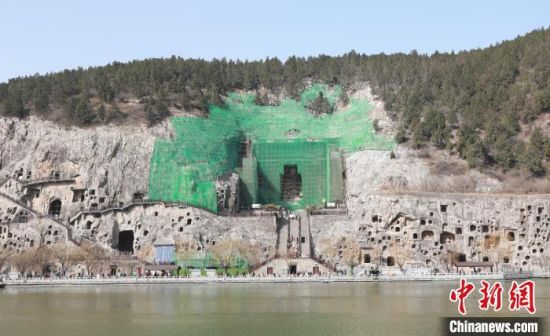 图为龙门石窟奉先寺被绿色保护网包裹。　阚力 摄
